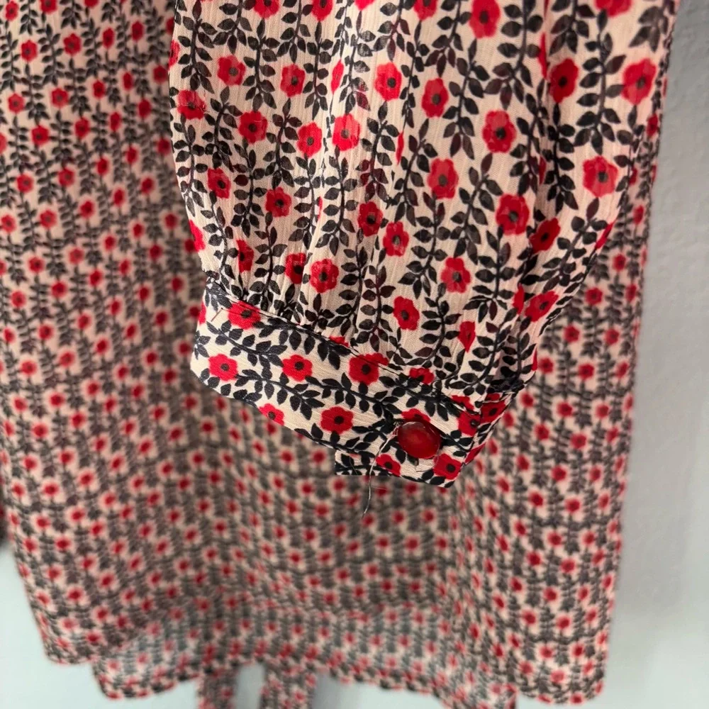 Vintage Forever 21 Red Black Floral Sheer Tunic Top Ruffle Y2K - Picture 6 of 14